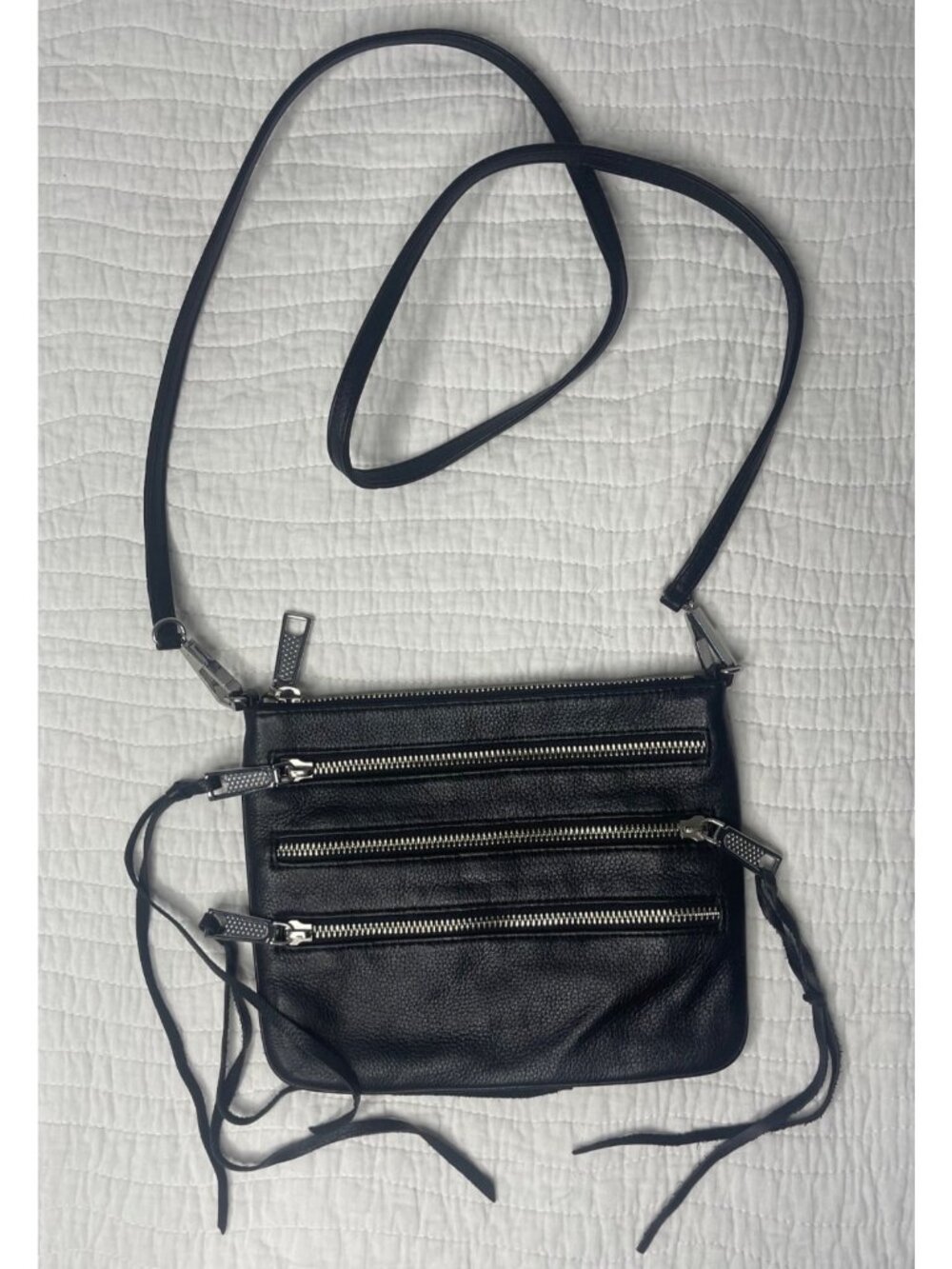 Rebecca Minkoff Black Triple Zip Leather Crossbody Bag Purse Fringe